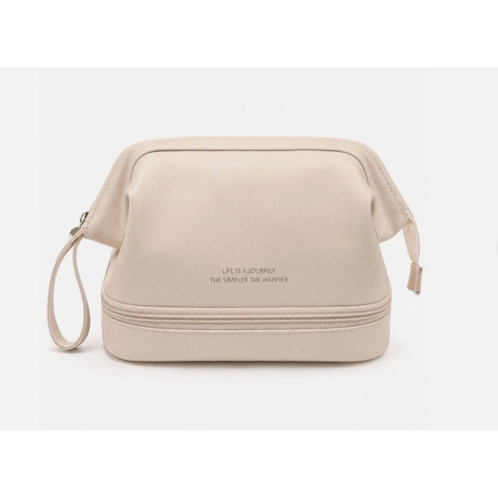 Cream Travel Toiletry Bag Cosmetic Makeup Organizer with Bottom Compartment